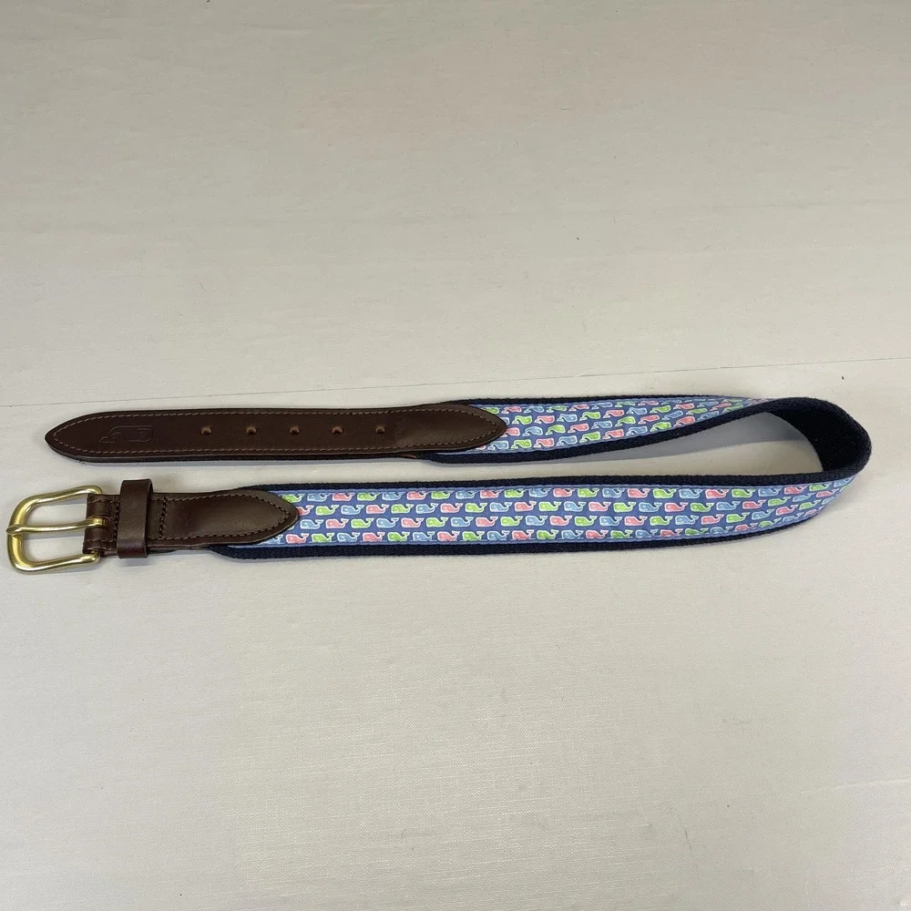 Vineyard Vines Ribbon Belt Kids Youth Size 24 Blue Whale Print Leather Brass USA